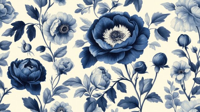 A detailed floral pattern design showcases a profusion of deep blue flowers and leaves on a light cream background.