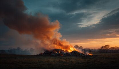 Fototapeta premium Sunset bonfire in a field