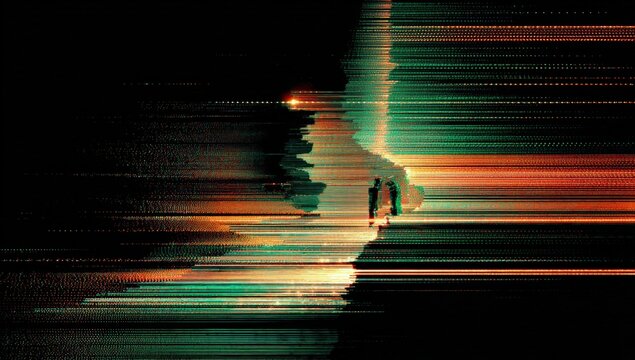 Abstract digital artwork of two figures walking on a stylized staircase