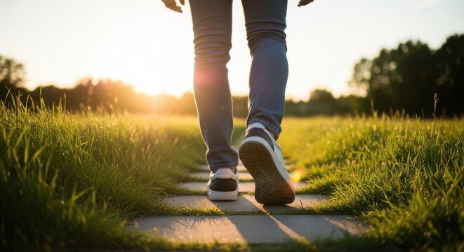A person walking on a stone path through a grassy field at sunset