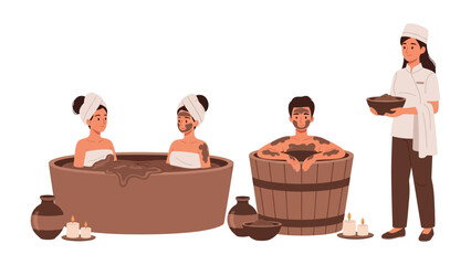 Relaxing spa day with people enjoying mud baths and wooden tubs while a therapist offers a bowl of treatment