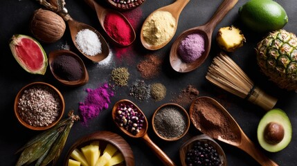 Fresh tropical fruits exotic assortment display natural food nutrition lifestyle colorful organic market products