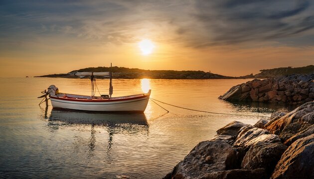 small fishing boat anchored near a rocky shore at dawn