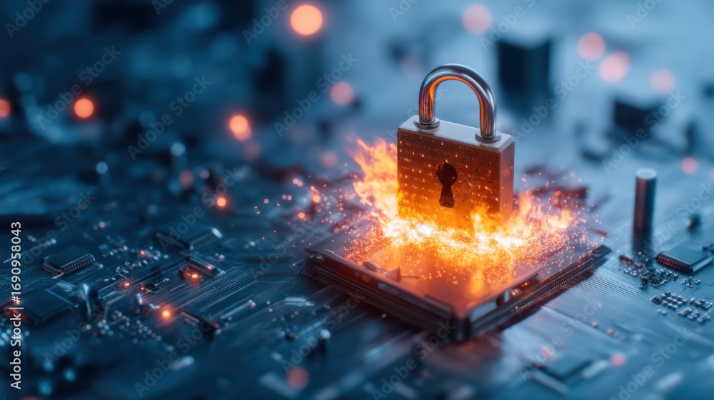 Poster a digital lock sits on a circuit board, surrounded by flames and sparks, symbolizing cybersecurity a
