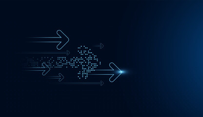 Upward arrows with a digital pixel trail dominate the image, highlighting themes of transformation, achievement, and global connectivity. The glowing design reflects progress