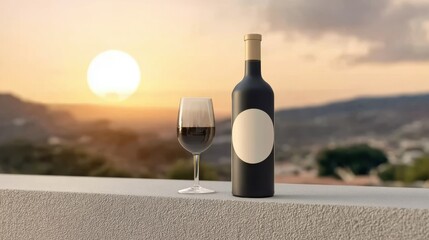 Wine bottle and glass at sunset overlooking scenic landscape, ideal for romantic occasions or gourmet content