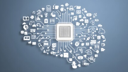 Conceptual illustration image with a human brain made of icons on a blue background.