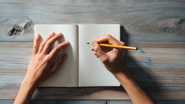 Writing and sketching ideas in a notebook with a pencil on a wooden table