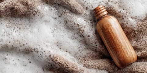 Wooden bottle on a towel with suds