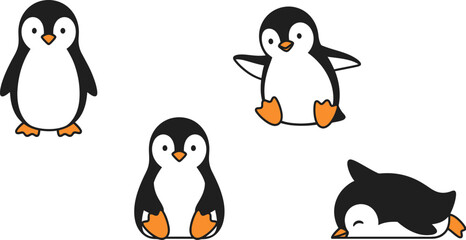Four adorable cartoon penguins in different poses and expressions for winter themes vector