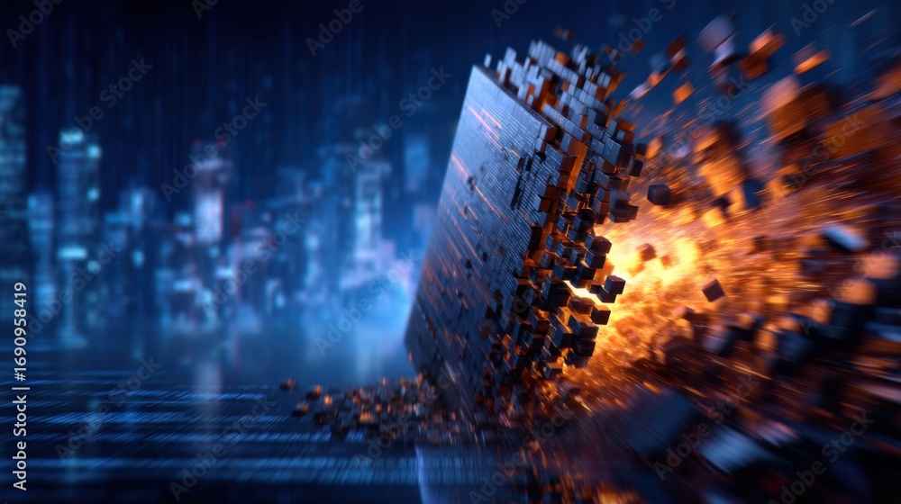 Poster a futuristic digital explosion, showcasing a fragmented object amidst a cityscape backdrop, embodyin
