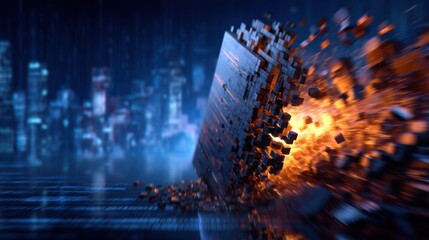 A futuristic digital explosion, showcasing a fragmented object amidst a cityscape backdrop, embodying themes of technology and innovation.