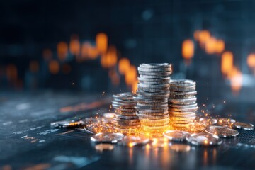 A digital illustration of stacked coins with glowing effects, symbolizing wealth and financial growth against a dark backdrop with market charts.