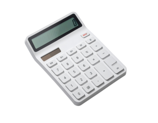 White calculator angled, displaying a zero