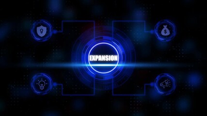 Futuristic digital interface with glowing E X P A N S I O N text at center surrounded by icons - Powered by Adobe