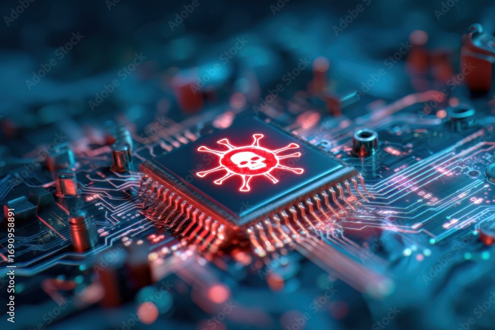 Poster a close-up of a computer chip with a red skull icon, symbolizing cyber threats or malware on a glowi