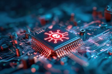 A close-up of a computer chip with a red skull icon, symbolizing cyber threats or malware on a glowing circuit board.