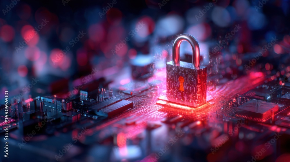 Poster a digital lock stands on a circuit board, glowing with vibrant red and blue lights, symbolizing cybe