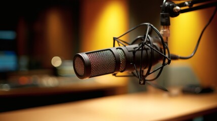 Matte black broadcast microphone on boom arm in radio studio with warm bokeh background