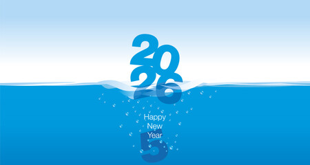 Happy New Year 2026 New Desk Calendar Cover planner template wave water blue background. New Year 2026 start concept. Calendar number chagned and the new year begins