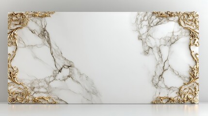 Elegant white marble backdrop with ornate golden floral frame accents on the sides for luxurious event decoration