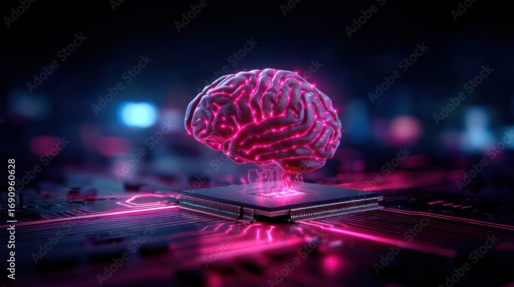 Poster a neon brain hovering over a circuit board, symbolizing the fusion of technology and neuroscience in