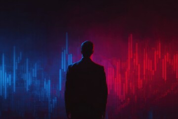 Silhouette of a person facing away from the viewer, standing before a backdrop of colorful financial charts