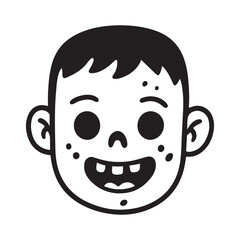 The face of a smiling zombie character with large black eyes