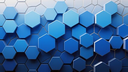 Fototapeta premium A multitude of interconnected blue hexagonal tiles forms an intricate and visually appealing pattern. The geometric shapes create a sense of depth. WALLPAPER