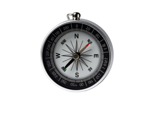 Close-up of a circular compass with a silver metal frame, black markings, and a rotating needle