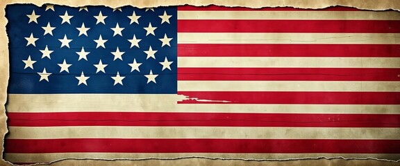 Fototapeta premium Faded, distressed American flag with grunge texture and ripped edges, design, ripped