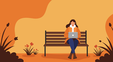 Woman working remotely on a laptop outdoors in a park setting. This illustrates flexible work, productivity, digital nomad lifestyle, and technology integration with nature.