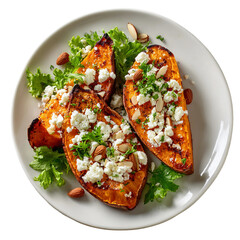 nutritious sweet potato and feta cheese plate, top view
