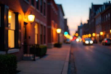 Fototapeta premium Dusk Urban Street with Brick Building and Bokeh Lights