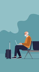 Elderly man with a laptop and luggage sitting in a waiting area. Perfect for themes of senior travel, remote work, business trips, and modern retirement.