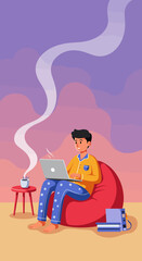 Young man in pajamas working comfortably on a laptop from home, highlighting remote work, online learning, and flexible lifestyle.