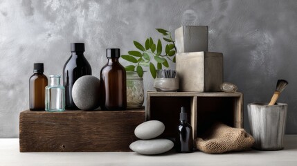 Flatlay spa bottles stones photography lifestyle organic natural wellness aromatherapy inspiration stylish decor composition creative arrangement