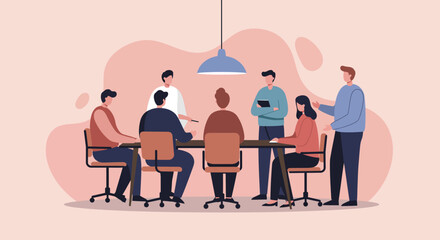 Professional team collaborating in a business meeting. Diverse colleagues discuss ideas and strategies in a corporate office environment, symbolizing teamwork and innovation.