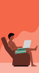 Relaxed man in swim shorts uses a laptop in a comfortable chair, embodying remote work, digital nomad lifestyle, and leisure.