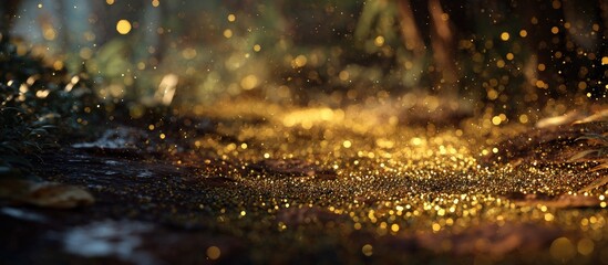 Golden glitter on dark ground, glowing forest floor