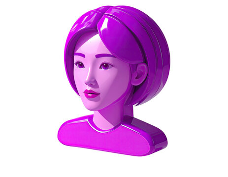 3D stylized portrait of a woman with vibrant purple hair and clothing