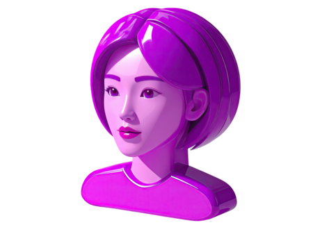 3D stylized portrait of a woman with vibrant purple hair and clothing