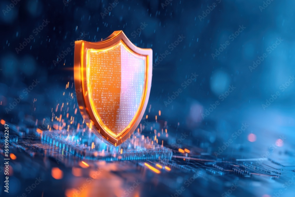 Poster a glowing shield symbolizing digital security, set against a tech-inspired background with sparks, r