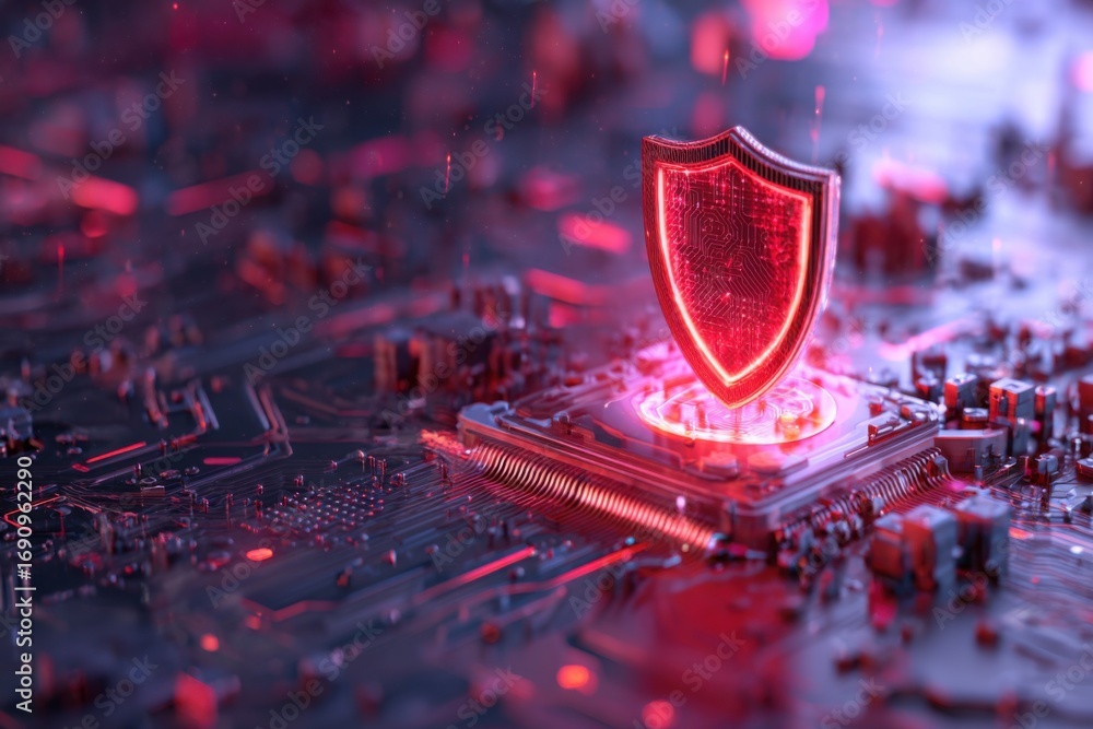 Poster a futuristic digital shield glowing on a circuit board, symbolizing cybersecurity and protection in 
