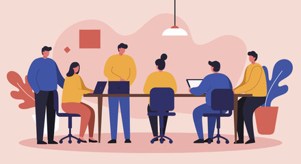 Diverse business team collaborating in a modern office meeting, working on projects with laptops and tablets. Represents teamwork, productivity, and innovation.