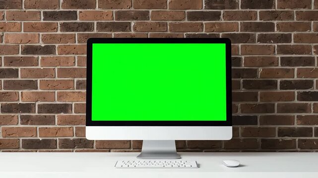 Front view of a desktop computer with a green screen, keyboard, and mouse on a white desk against a brown brick wall background; 4k video footage.