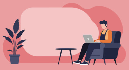 Fototapeta premium Man working remotely on a laptop in a comfortable armchair at home. Represents modern freelance, online learning, or casual business concepts.