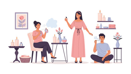 Diverse group of people enjoying self care and beauty treatments with skincare products and fragrances in a bright modern room