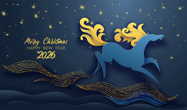 Year of the horse, Chinese New Year 2026 banner with blue horse and clouds, gold manner and stars