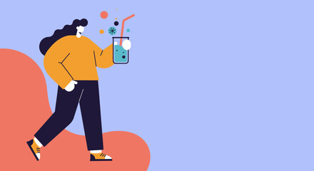 Stylized illustration of a happy person walking and enjoying a refreshing drink. Represents leisure, summer, and a joyful lifestyle. Ideal for web, ads, or design.